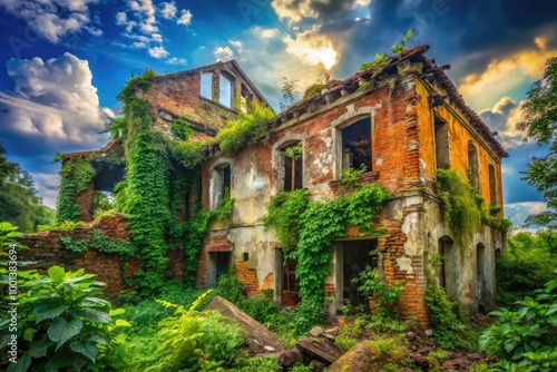 Abandoned and Dilapidated Building with Crumbling Walls Surrounded by Overgrown Vegetation and Debris