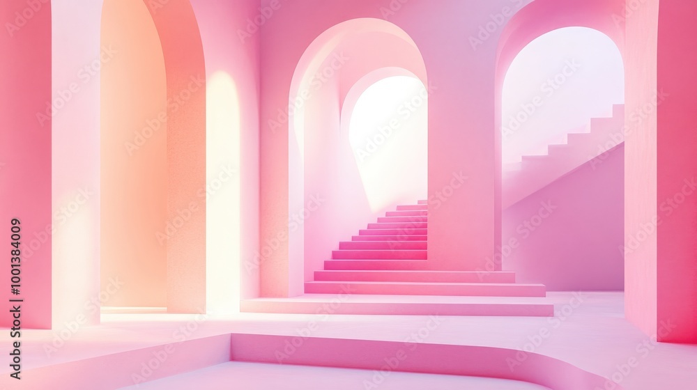 Contemporary 3D render of a geometric interior, featuring arches and stairs in a minimalist design with a gradient pastel background Contemporary 3D render of a geometric interior, featuring arches and stairs in a minimalist design with a gradient pastel background