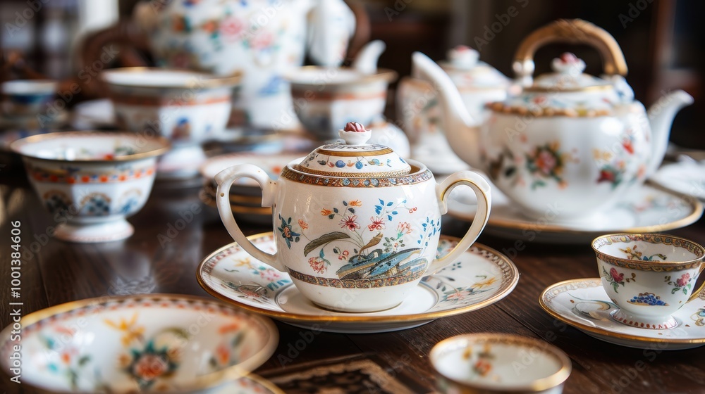 Fototapeta premium Antique 19th Century Porcelain Tea Set Display