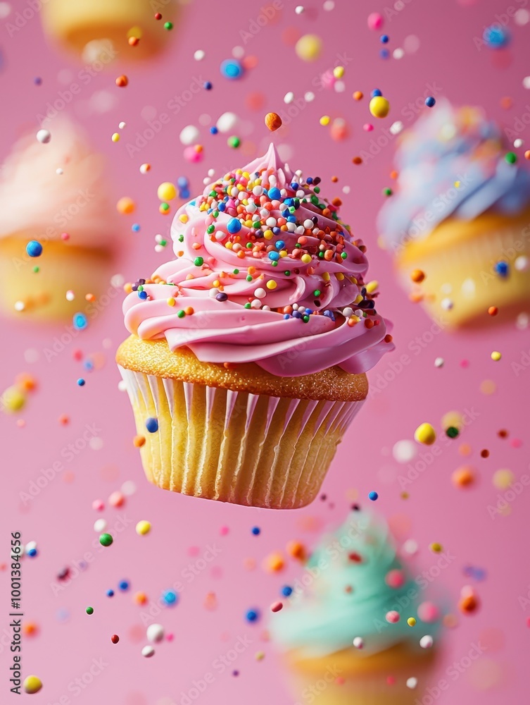 Colorful Cupcakes Floating in a Playful Atmosphere Colorful Cupcakes Floating in a Playful Atmosphere