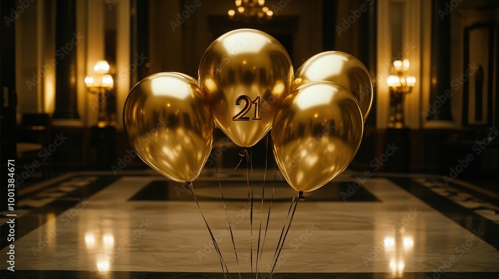 Four gold balloons with a number 21 in the center, a celebration of a milestone in a grand setting Four gold balloons with a number 21 in the center, a celebration of a milestone in a grand setting