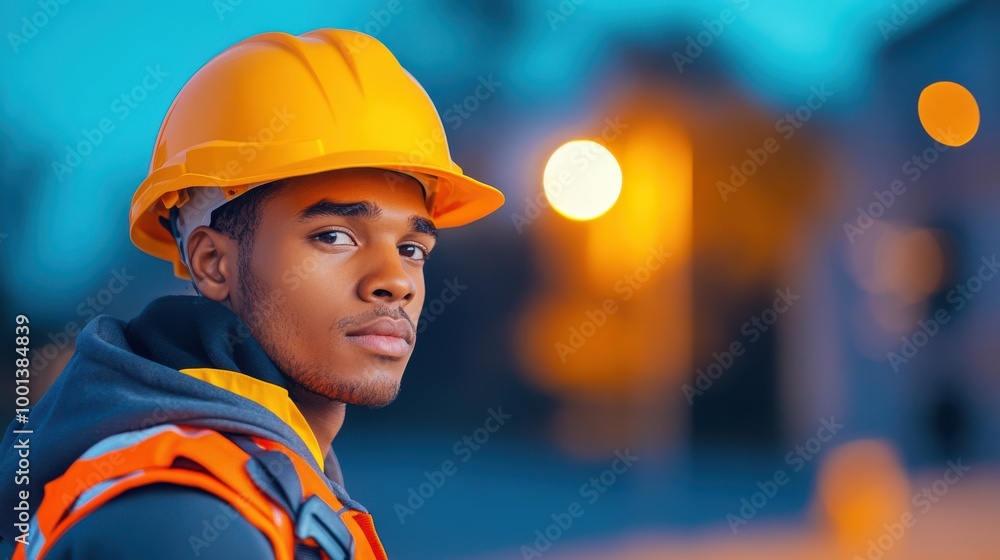 Construction Worker in Hard Hat Looking Over Shoulder Construction Worker in Hard Hat Looking Over Shoulder
