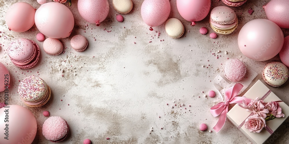 A Celebration of Pink Sweet Treats, Balloons, and a Delicate Gift on a White Background A Celebration of Pink Sweet Treats, Balloons, and a Delicate Gift on a White Background