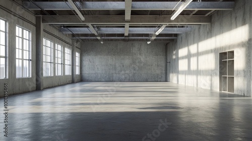 Interior of a high-ceiling warehouse hall converted into an open studio. Bare concrete floors, ample natural light, and an expansive, uncluttered layout ready for creativity