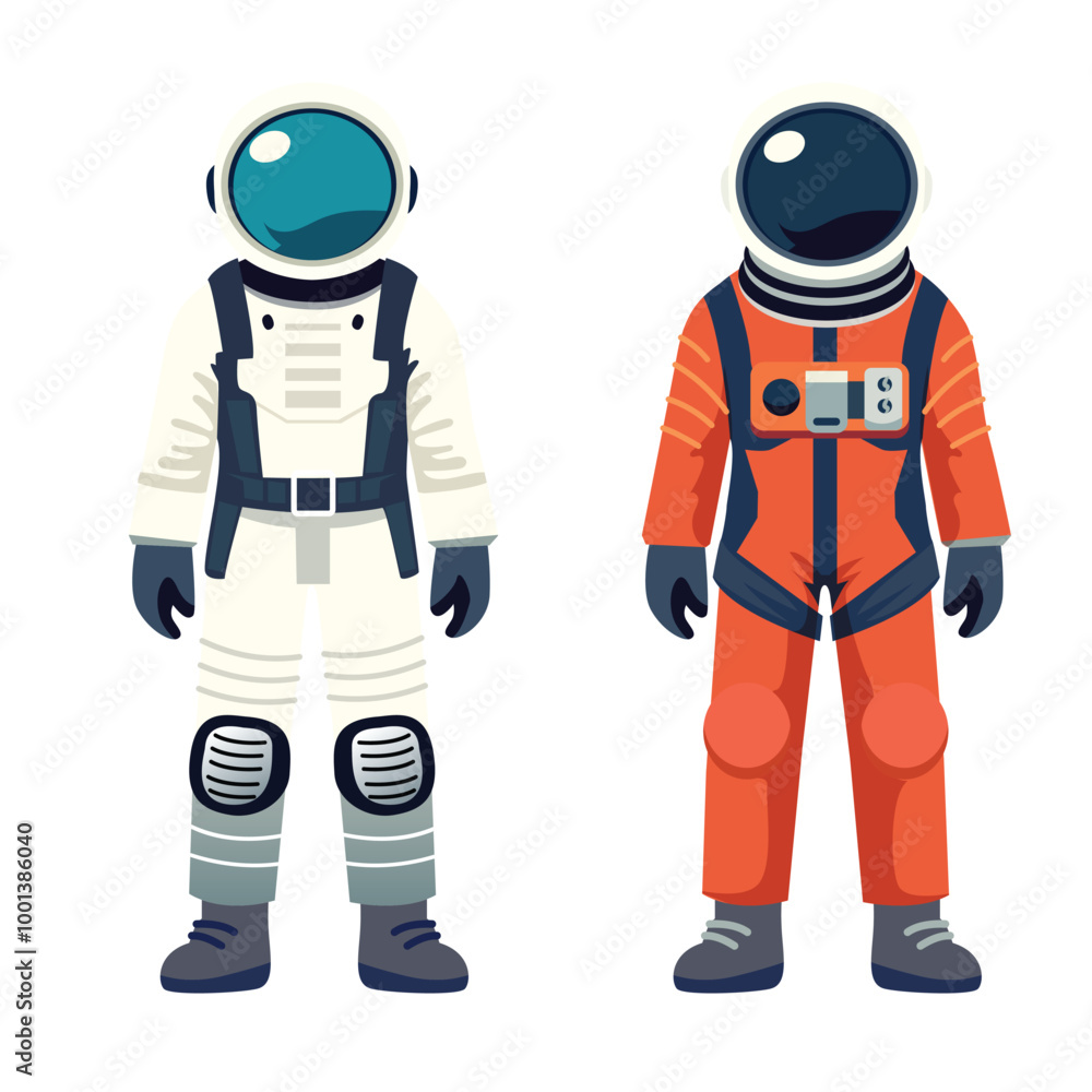 Astronaut Vector Illustration, Space Suits in White and Orange Astronaut Vector Illustration, Space Suits in White and Orange