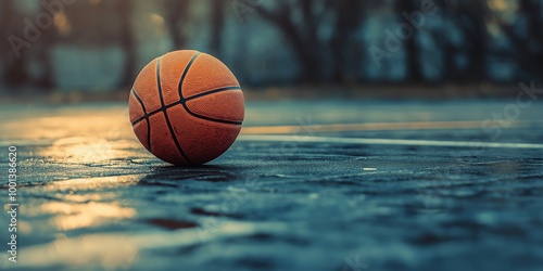 A basketball rests on a wet court during twilight, creating an atmosphere of loneliness and calm reflection. photo