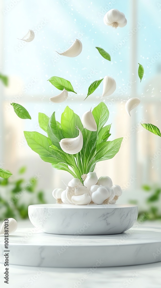 Fresh garlic cloves and green leaves in a marble bowl on a white marble platform with a light blue blurred background. Fresh garlic cloves and green leaves in a marble bowl on a white marble platform with a light blue blurred background.