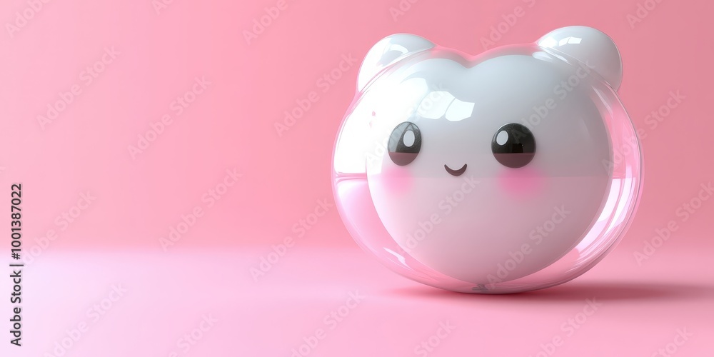 A cheerful, white cartoon character encased in a transparent sphere, resting on a pastel pink surface A cheerful, white cartoon character encased in a transparent sphere, resting on a pastel pink surface