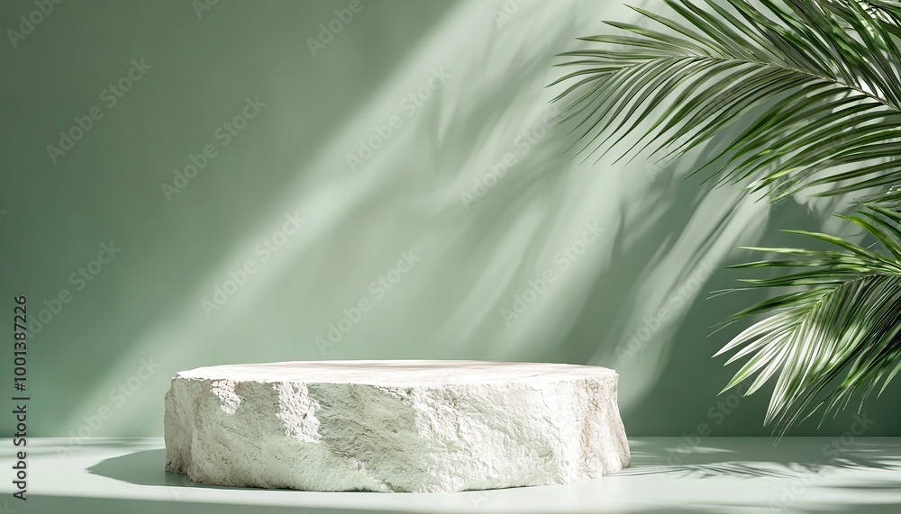 Stone podium with green background and palm leaves. Stone podium with green background and palm leaves.