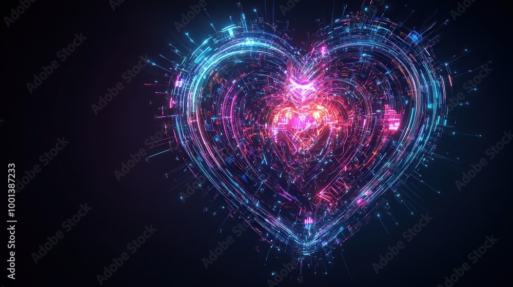Creative illuminated heart with a futuristic design, featuring glowing neon lights and intricate patterns. Perfect for digital art and tech themes Creative illuminated heart with a futuristic design, featuring glowing neon lights and intricate patterns. Perfect for digital art and tech themes