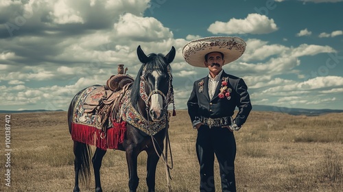 A man in a traditional Mexican charro suit, posing next to a decorated horse in an open field