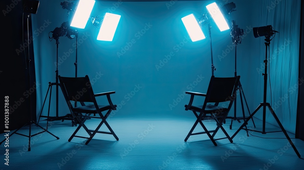 Fototapeta premium Interview room with two chairs facing each other under focused spotlights, microphones ready, creating a perfect setup for podcast streamers