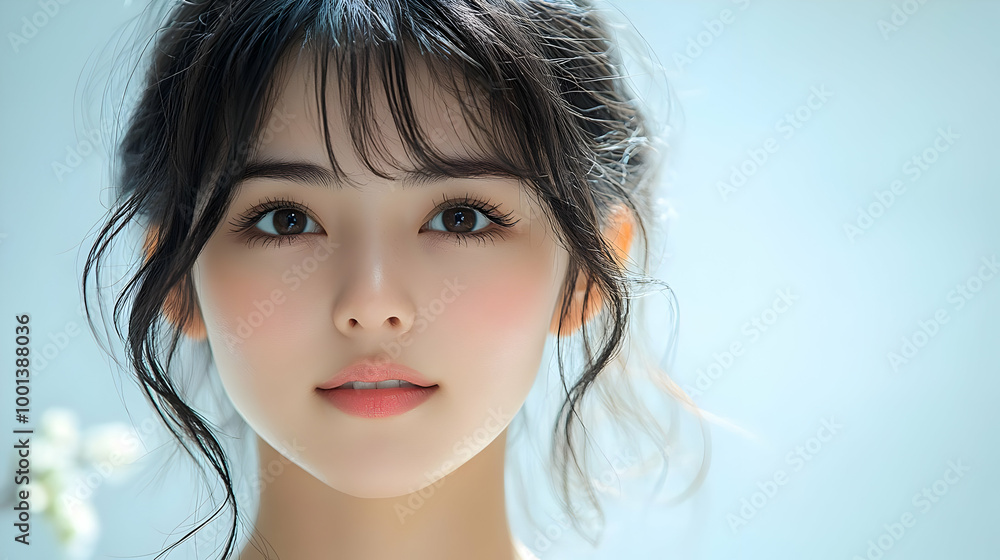 Beautiful Woman with Long Black Hair, Soft Makeup, and a Gentle Smile Beautiful Woman with Long Black Hair, Soft Makeup, and a Gentle Smile