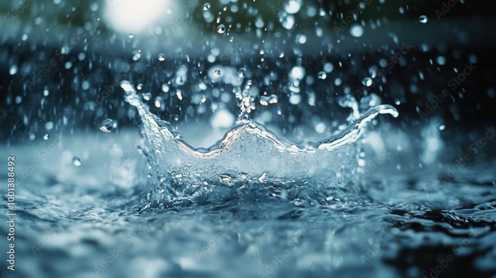 Water splash with droplets on blue background. Power of water theme. Water splash with droplets on blue background. Power of water theme.
