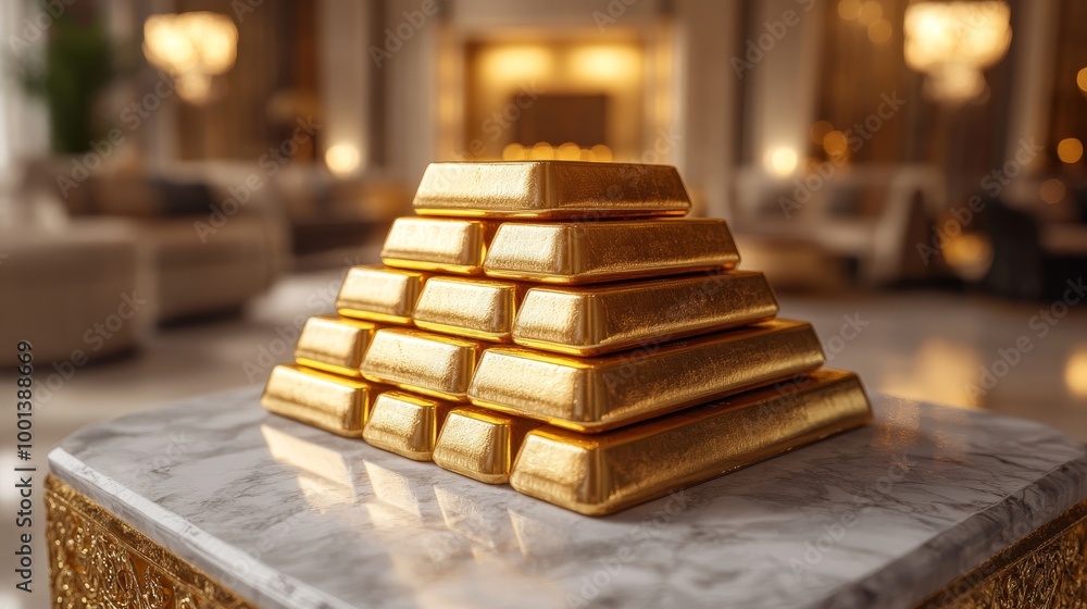 Stack of gold bars on a marble table in a luxurious setting, model style, 3D illustration Stack of gold bars on a marble table in a luxurious setting, model style, 3D illustration