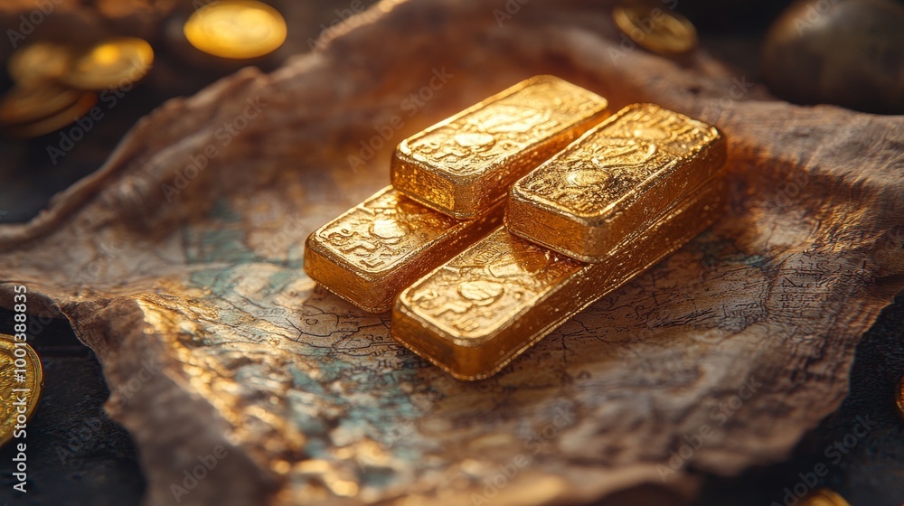 Gold bars in an old-fashioned treasure map illustration, hand-drawn and rustic, 3D illustration Gold bars in an old-fashioned treasure map illustration, hand-drawn and rustic, 3D illustration