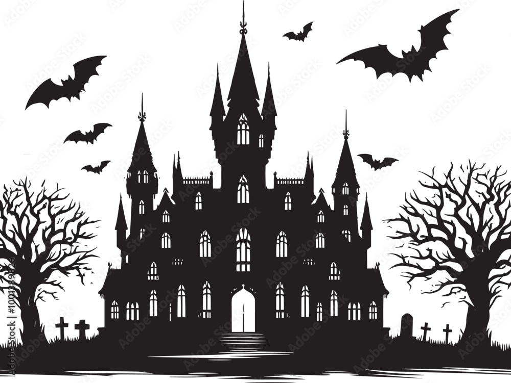 Obraz premium Ancient Haunted Castle silhouette vector illustration isolated on a white background