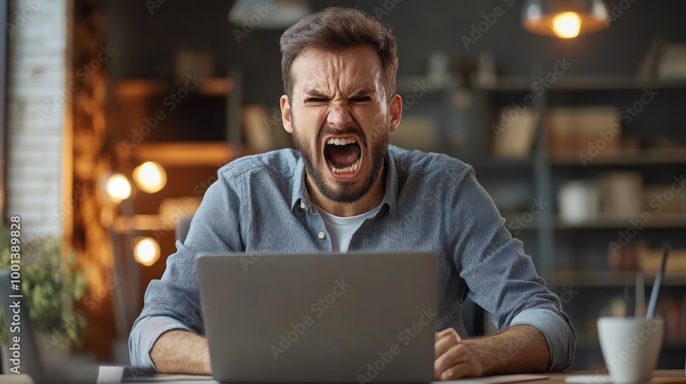 A man is sitting at a desk with a laptop and is yelling A man is sitting at a desk with a laptop and is yelling
