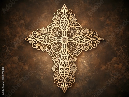 A stylized, ornate Christian cross with intricate lace details and subtle shading, set against a dark, muted background, evoking spirituality and introspection. photo