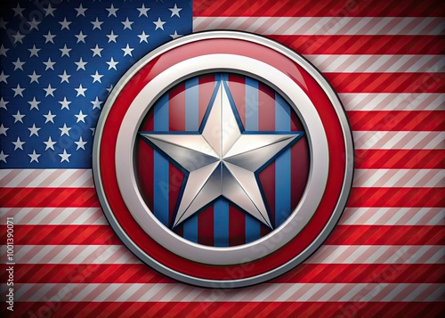 A stylized patriotic emblem, featuring a centered white star amidst a circle of red and white stripes, symbolizing courage, freedom, and national pride.