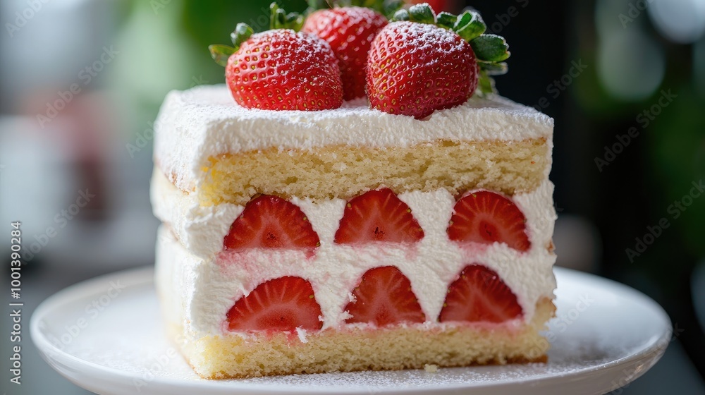 A close-up image of a classic Japanese-style whole shortcake, beautifully sliced into eight even portions. The cake features a soft, fluffy sponge A close-up image of a classic Japanese-style whole shortcake, beautifully sliced into eight even portions. The cake features a soft, fluffy sponge