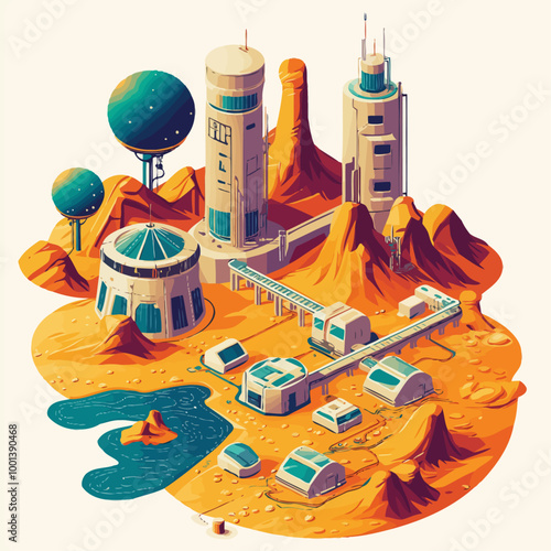 Isometric Martian Colony, Red Planet Settlement