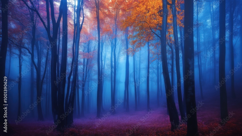 Dark, fog-filled forest with a striking contrast of vibrant colors illuminating the mist Dark, fog-filled forest with a striking contrast of vibrant colors illuminating the mist