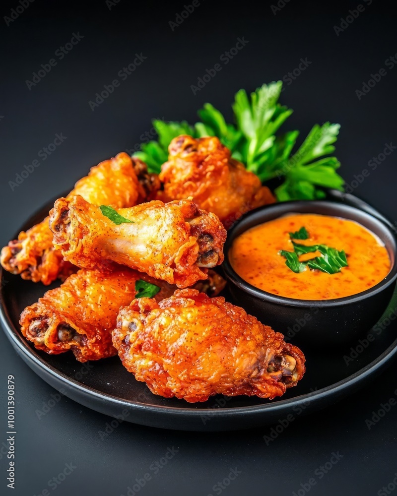 Fototapeta premium Crispy DeepFried Chicken Wings with Spicy Dipping Sauce Perfect Bar Snack for Drinks