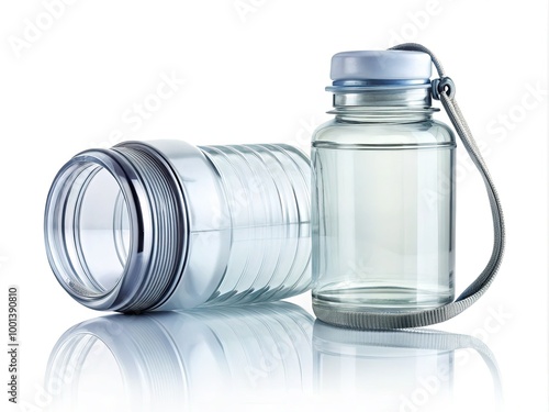 A transparent refillable water bottle with a screw-top lid and carrying loop, isolated on a white background, perfect for health and wellness designs. photo