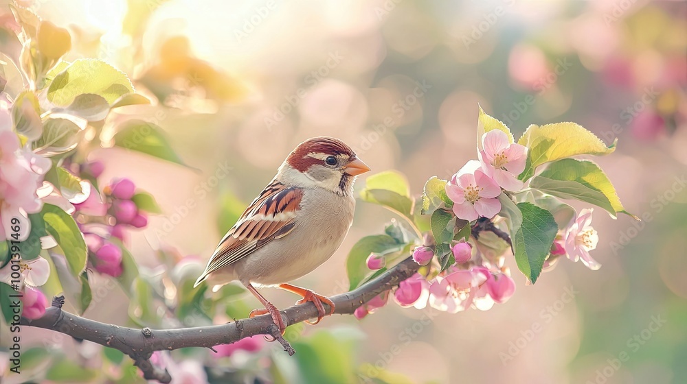 Fototapeta premium A cute little sparrow perched on the branch of an apple tree, surrounded by blooming pink flowers. The background is blurred with soft sunlight 