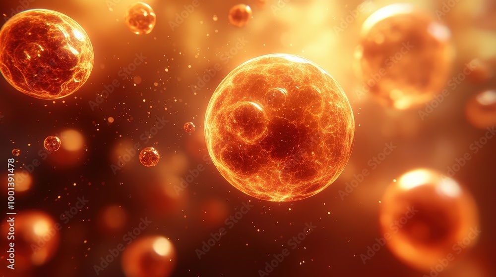 Naklejka premium Abstract Cosmic Spheres Radiate with Fiery Energy, a Celestial Tapestry of Glowing Orbs in a Sea of Orange and Gold