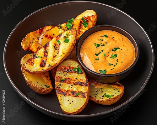 Crispy Potato Wedges with Cheese Sauce and Herbs Delicious Comfort Food Snack for Drinks