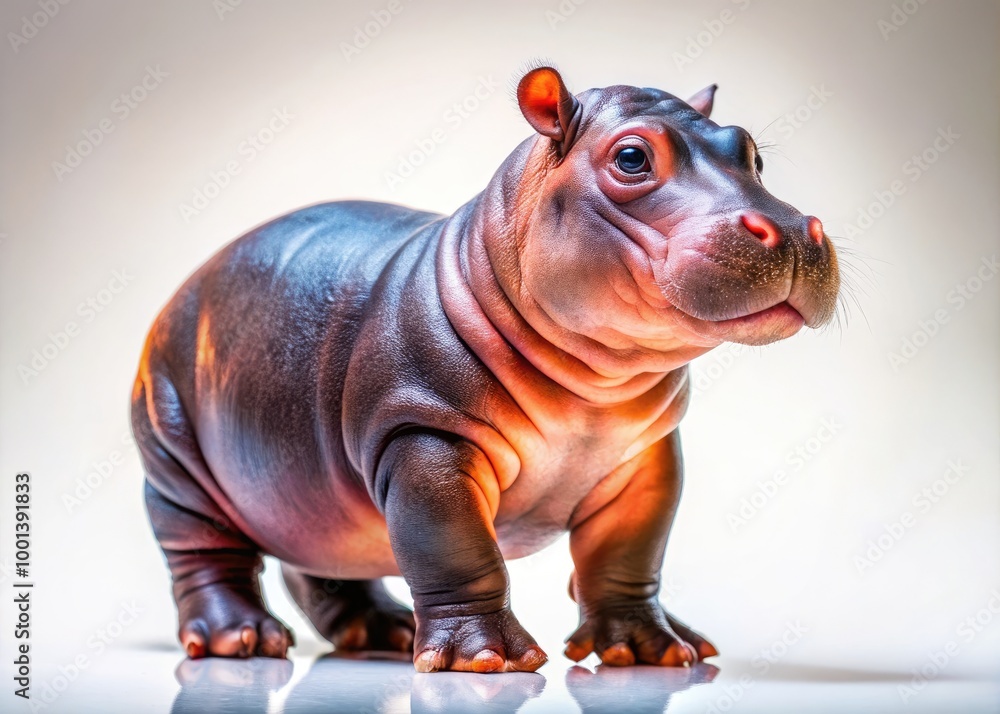 Adorable Baby Hippo Standing on One Leg Against a Clean White Background with Playful Expression Adorable Baby Hippo Standing on One Leg Against a Clean White Background with Playful Expression