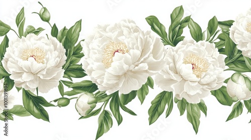 Delicate peony floral border with intricate petals and lush plant elements. The sophisticated design creates a classic and romantic background for any use