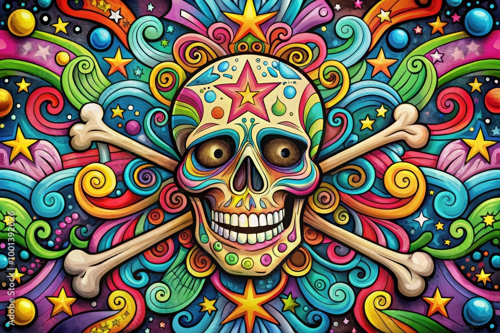 A vibrantly colored, whimsical cartoon skull with a mischievous grin and crossed bones, surrounded by swirling patterns and stars, exudes a playful, edgy atmosphere. A vibrantly colored, whimsical cartoon skull with a mischievous grin and crossed bones, surrounded by swirling patterns and stars, exudes a playful, edgy atmosphere.