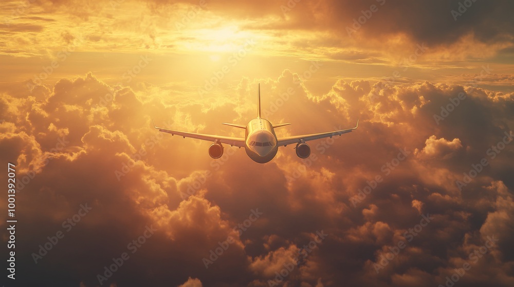 Fototapeta premium A dynamic image of a commercial jet soaring into the sky at sunrise, with the golden rays illuminating the aircraft, creating a dramatic and inspiring scene.