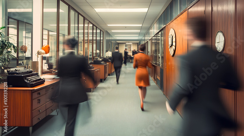 Business vintage office blurred people in formal suit  having a meeting. Working culture chill happy enjoy workplace work life balance plant women men employee busy old style 70s 80s 
