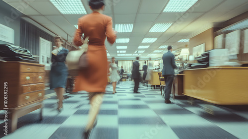 Business vintage office blurred people in formal suit  having a meeting. Working culture chill happy enjoy workplace work life balance plant women men employee busy old style 70s 80s 