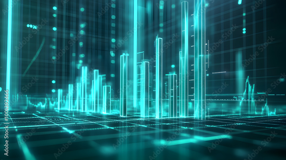 black 3D background blue green finance graph and investment bar, showcasing growth and success in the market with technology currency reports chart. Business stock world economy AI computer black 3D background blue green finance graph and investment bar, showcasing growth and success in the market with technology currency reports chart. Business stock world economy AI computer