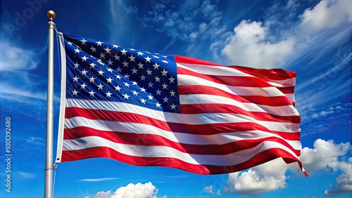 A vibrant, waving American flag proudly flapping in a clear blue sky, symbolizing freedom, patriotism, and national pride, evoking a sense of unity and strength.