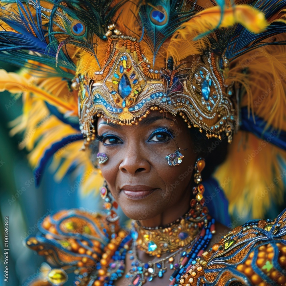 Festive woman adorned with feathers and jewelry in carnival costume Festive woman adorned with feathers and jewelry in carnival costume