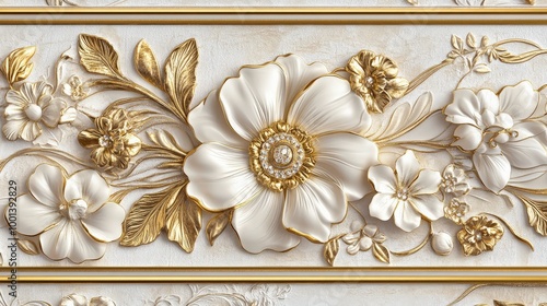 Delicate white and gold floral border with jewelry-inspired patterns. The intricate flower designs are enhanced with shimmering gold for a refined look