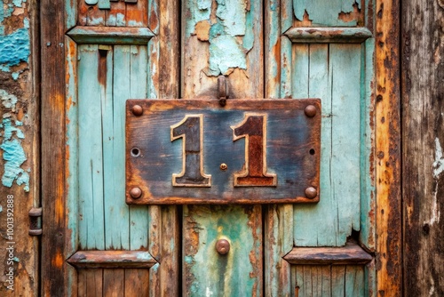 A vintage metal house number 11 sign hangs crookedly on a distressed wooden door, surrounded by peeling paint and rusty door hinges in a rustic setting.