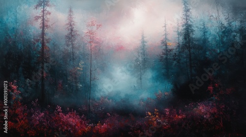 Dense fog blankets a dark forest, revealing glimpses of vivid, enchanting colors