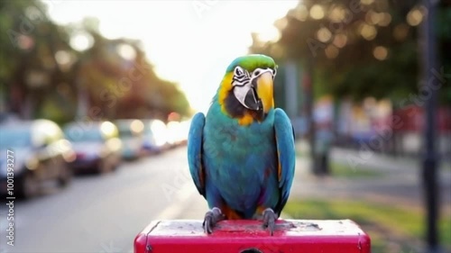 Close-up a macaw parrot with bright blue feathers standing on a red mailbox