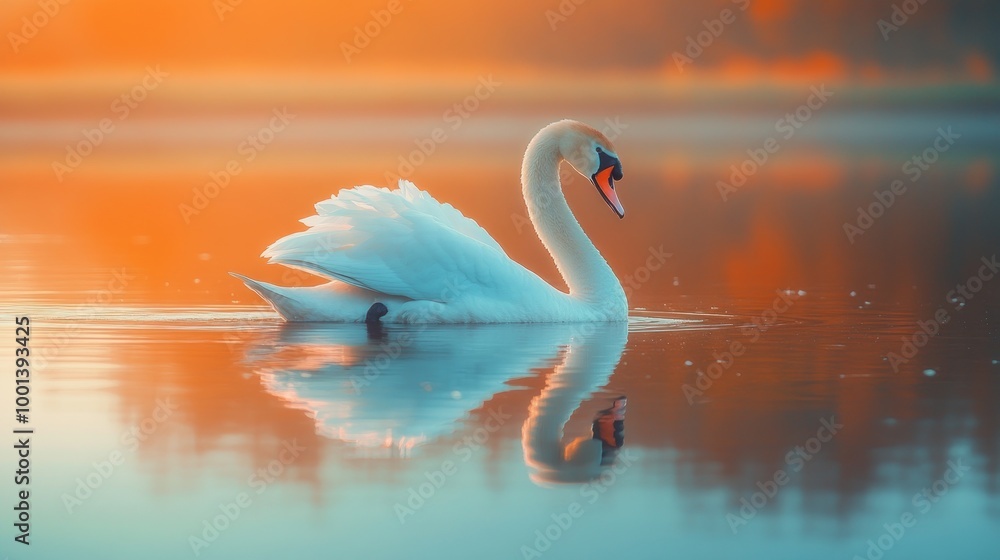 Fototapeta premium A serene swan gliding on a tranquil lake at sunset, reflecting colorful hues.