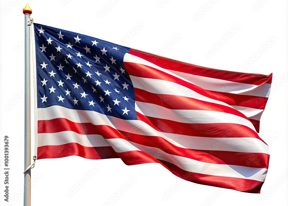 Obraz premium A waving Stars and Stripes flag with bold red and white stripes and blue canton with white stars, symbolizing freedom and patriotism, isolated on a white background.