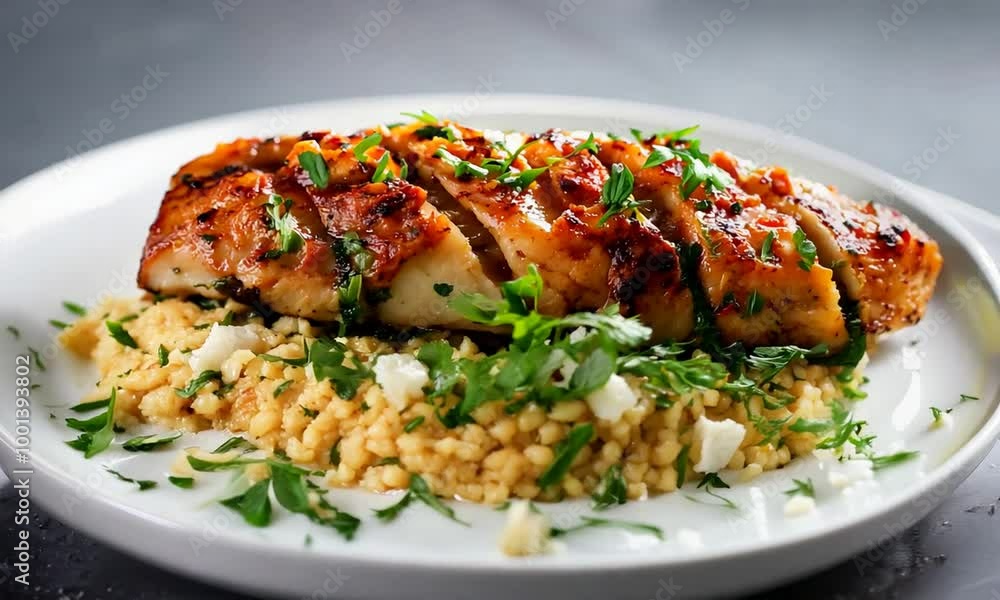 Spinach and feta stuffed chicken breast, served with a side of couscous and greens Spinach and feta stuffed chicken breast, served with a side of couscous and greens