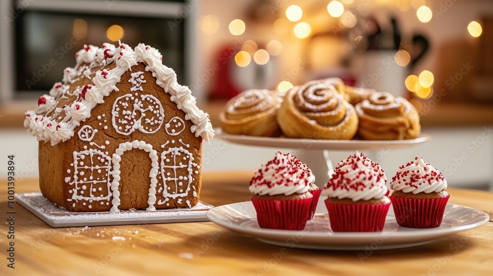 a festively decorated table in a kitchen with a decorated gingerbread house, a plate of red velvet cupcakes with icing on top and a plate of cinnamon a festively decorated table in a kitchen with a decorated gingerbread house, a plate of red velvet cupcakes with icing on top and a plate of cinnamon