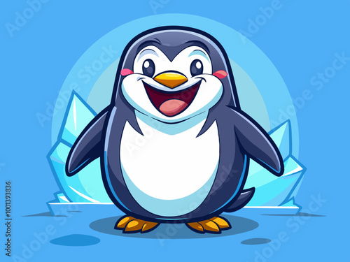 A cheerful, chubby penguin with a big grin, standing on a solid icy blue background for a cool and playful vibe